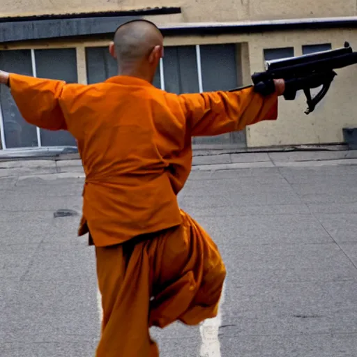 Image similar to a shaolin monk in the army, screaming and firing an automatic rifle