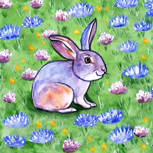 Prompt: water color rabbit hopping in a field of juniper flowers