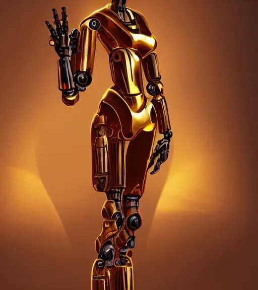 Image similar to a robot wearing a golden dress, full body shot, highly detailed, digital painting, artstation, concept art, smooth, sharp focus, illustration