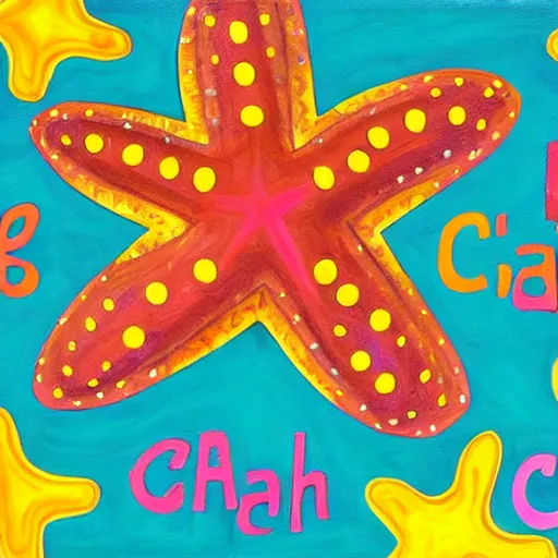 Prompt: a painting of a giant brown starfish with the words c and starfish in big letters. children in a school band playing nearby. art by lisa frank