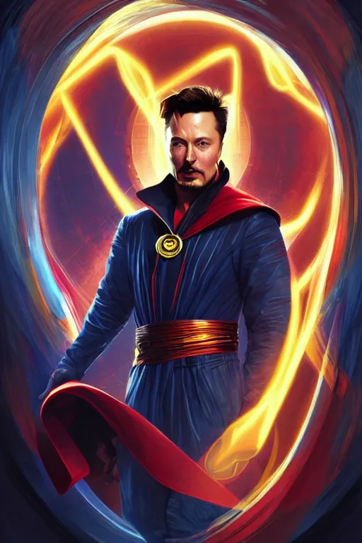 Image similar to elon musk as dr strange, realistic portrait, symmetrical, highly detailed, digital painting, artstation, concept art, smooth, sharp focus, illustration, cinematic lighting, art by artgerm and greg rutkowski and alphonse mucha