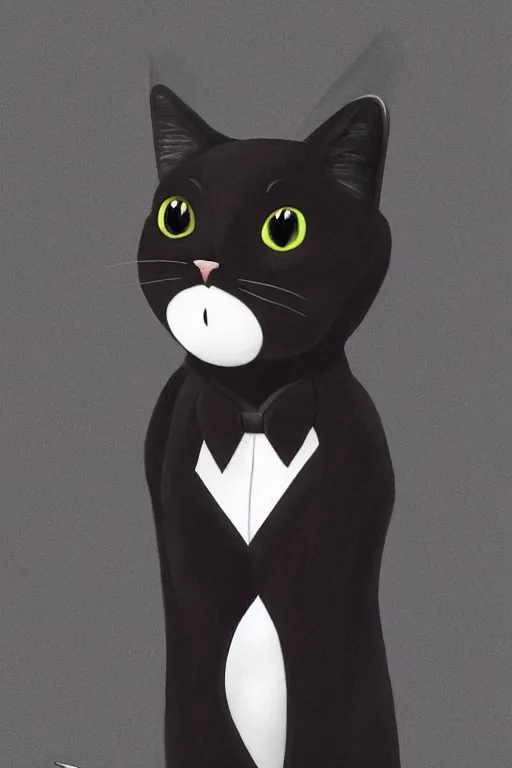 Prompt: a black cat wearing a tuxedo, portait, photo, profile, picture, hyperrealistic, concept art, digital art