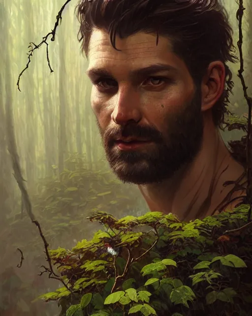 Image similar to god of the forest, 3 0 years old, rugged, male, gorgeous, detailed face, vines. forest, trees, flowers, amazing, muscular, intricate, highly detailed, digital painting, artstation, concept art, sharp focus, illustration, art by greg rutkowski and alphonse mucha