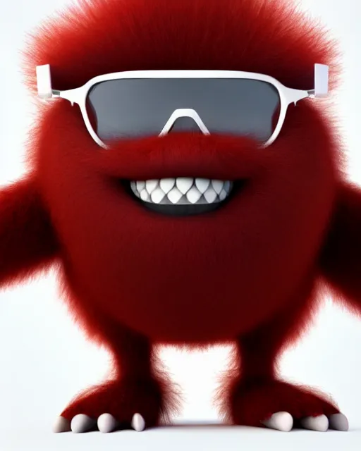 Prompt: 3 d render of completely red hairy friendly antropomorphic cartoony creature wearing white ray - ban shades, full body, simple, smile with no nose, no ears, cute, white background, unreal engine 5 hdr