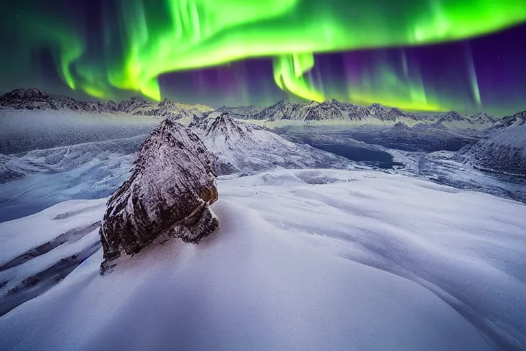 Prompt: beautiful landscape photography by marc adamus, mountains, northern lights