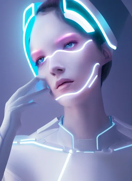 Image similar to white one cast futuristic biomechanic future human, beautiful face, female, futuristic, neon lights, cyberpunk, 8 k, digital painting, by beeple and makoto shinkai, trending on cg society, glamour pose, fashion photography, high fashion, canon r 3, photorealistic, hyper realisitic