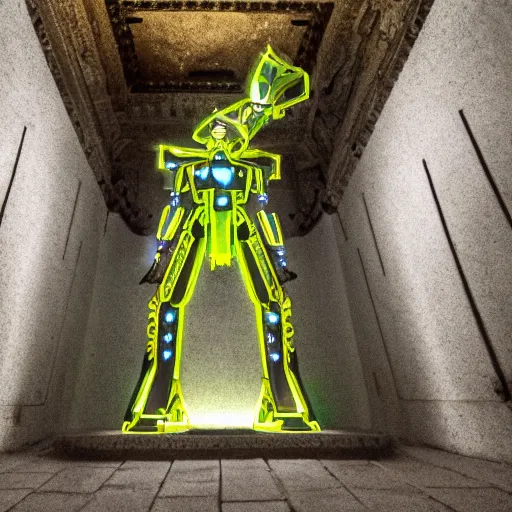 Prompt: long shot of mecha in Greek Temple, bioluminescence