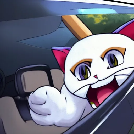 Prompt: Meowth from Pokémon breaking the side window of a car with a baseball bat.