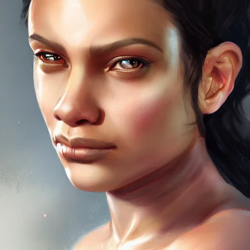 Image similar to beautiful, very strong, mixed race, female, middle aged, face, no makeup, head shot, fantasy, highly detailed, digital painting, artstation, concept art, smooth, sharp focus, illustration, art by jodie muir and brom