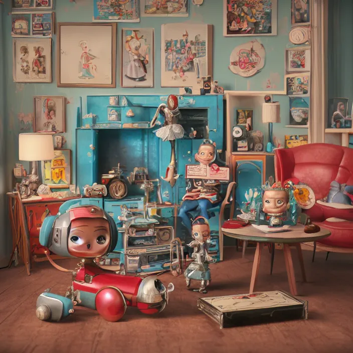 Image similar to portrait of a retro 1 9 5 0 s tin toy living room, depth of field, zeiss lens, detailed, symmetrical, centered, fashion photoshoot, by nicoletta ceccoli, mark ryden, lostfish, breathtaking, 8 k resolution, extremely detailed, beautiful, establishing shot, artistic, hyperrealistic, octane render