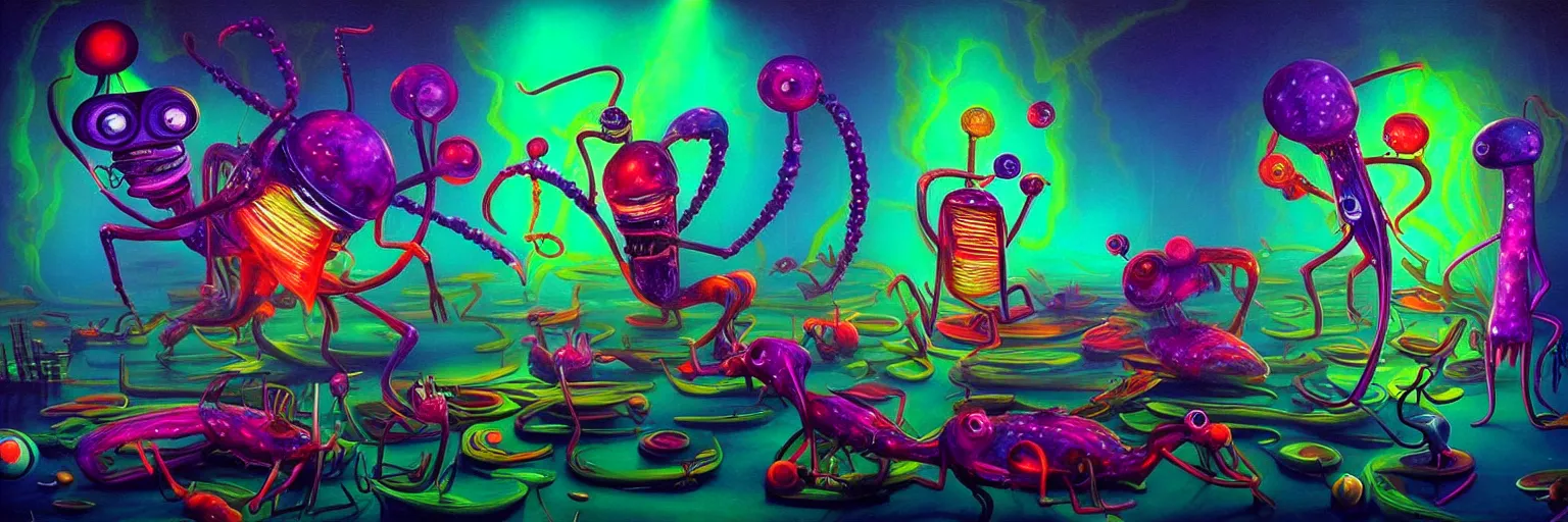 Image similar to strange plankton creatures from the depths of the collective unconscious, dramatic lighting, surreal darkly colorful painting by ronny khalil