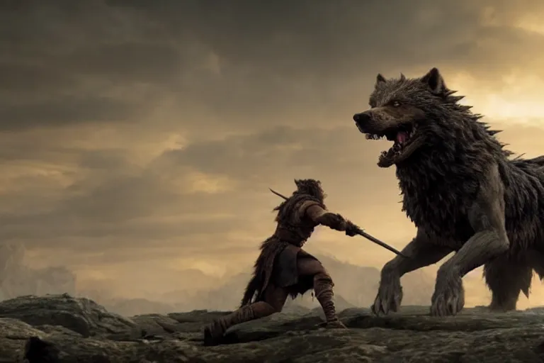 Prompt: still from a fantasy movie, a out of focus man in the foreground, facing a angry dire wolf, muted colors, action, 8 k, depth of field, cinematic, hyperrealistic, movie still frame, promotional image, imax 7 0 mm footage