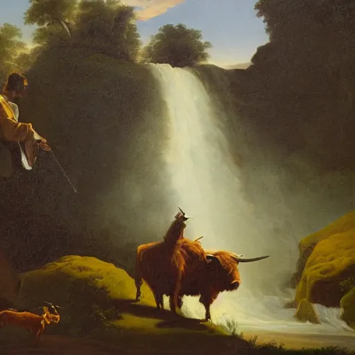 Prompt: oil painting by george caleb bingham of a man playing a flute to a highland cow by a waterfall at dawn.