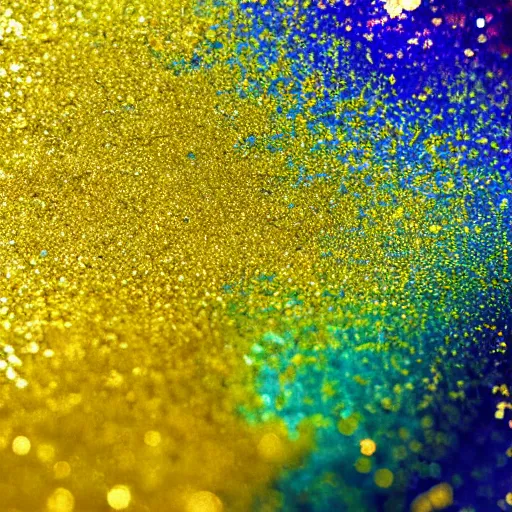 Image similar to a wet swirling mixture of gold paint and very colorful colored pigment particles glitter suspended in a turbulent liquid, captured in slow motion, crystal clear focus, macro photography lens closeup, slow-motion pour, dumpedpaint glittery, shimmering, speculars