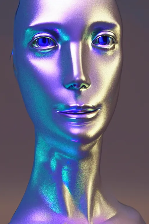 Image similar to 3d render of holographic human robotic bust made of glossy iridescent, bust, surrealistic 3d illustration of a human non-binary, non binary model, 3d model human, cryengine, made of holographic texture, holographic material, holographic rainbow, concept of cyborg and artificial intelligence