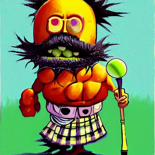 Prompt: a tennis ball monster wearing a scottish kilt, big mustache, scotland, digital art, fantasy, magic, chalk, trending on artstation, ultra detailed, professional illustration by basil gogos