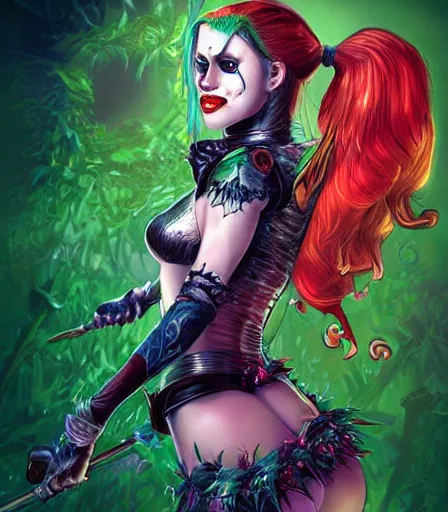 Image similar to hyper detailed comic illustration of a Elfpunk Harley Quinn and Poison Ivy ,tall, fair skin, curvaceous, gorgeous face, by artgerm, intricate details, low angle fish eye lens