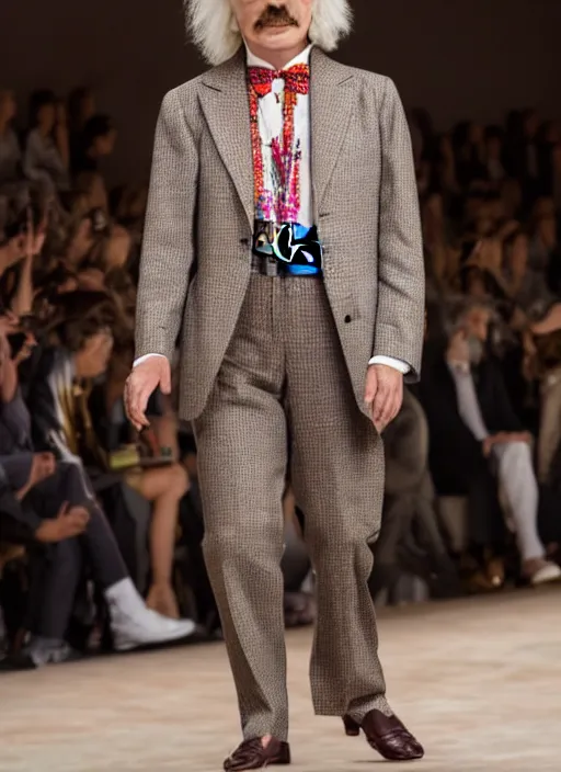 Image similar to hyperrealistic and heavy detailed gucci runway show of albert einstein, leica sl 2 5 0 mm, vivid color, high quality, high textured, real life