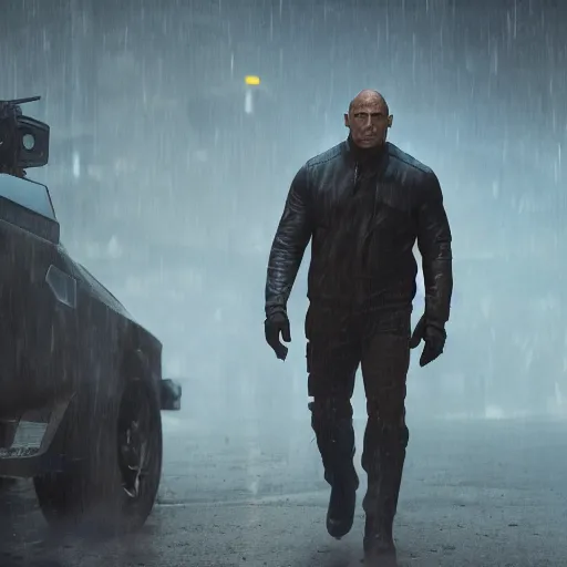 Prompt: a still from Blade Runner 2049 of Dwayne Johnson in futuristic power armor, highly detailed, 4k, cyberpunk