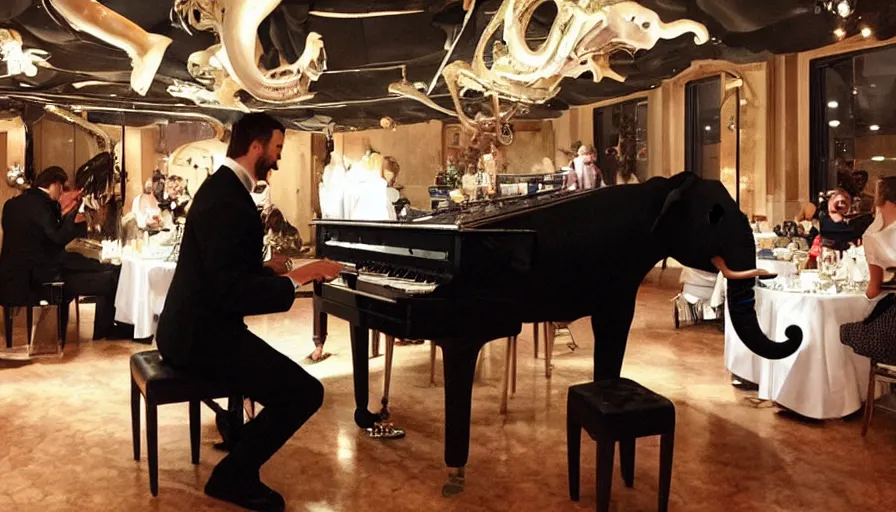 Prompt: a antropomorphic elephant dressing black tie and playing piano in a xenomorphic restaurant