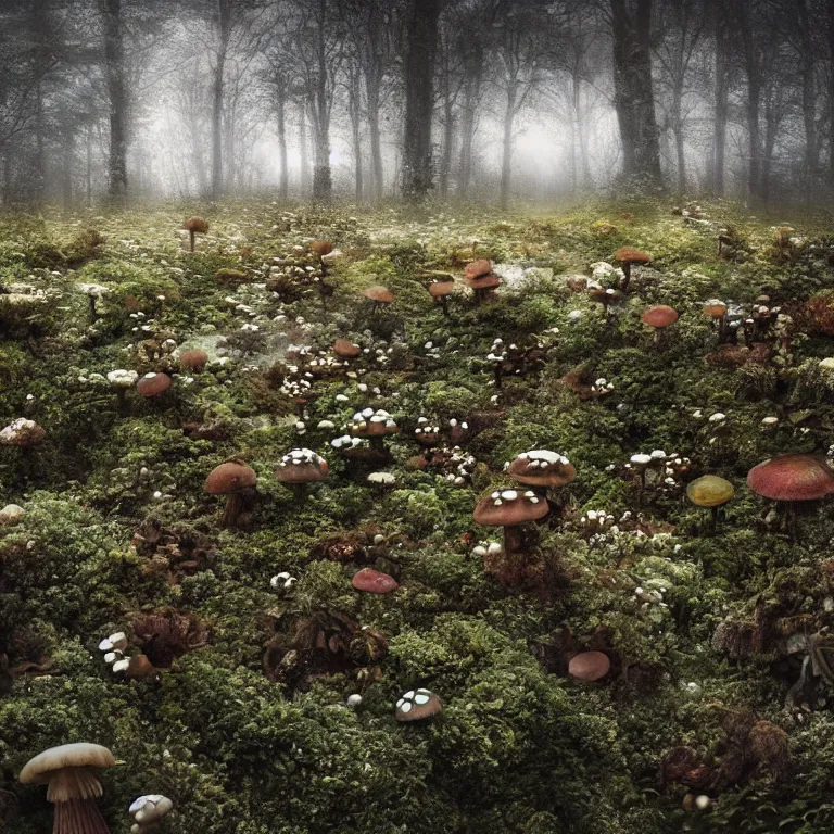 Image similar to a planet of various fungus, mushrooms and plants, inside the picture is infinity, Atmospheric phenomenon, artistic photography, muted colors, conceptual, long exposure outside the city, volumetric light