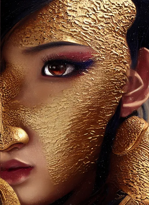 Prompt: realistic detailed painting of Mulan wearing sculpted textured armor, intricate complexity, close-up of the front of the face, super sophisticated texture, enhanced noise, by Guweiz and loish, split lighting, 4K resolution, symmetric, clear facial features, golden ratio, Kojima, Amano, Charlie Bowater, Karol Bak, Greg Hildebrandt, Jean Delville, and Mark Brooks, Neo-Gothic, gothic, rich deep colors, Unreal Engine 5