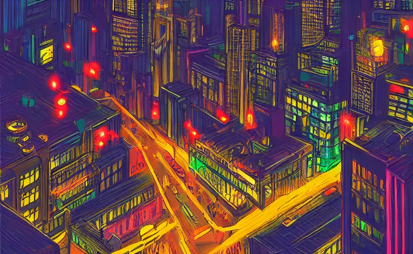 Prompt: a cat observing a neon city from the roof of a building at night, digital art, digital painting