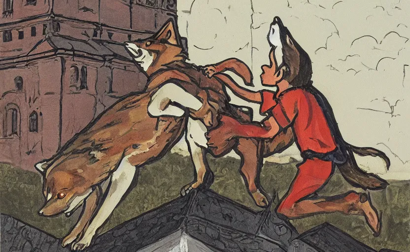 Image similar to a boy fighting a wolf on the edge of a clocktower, gouache, flat, print