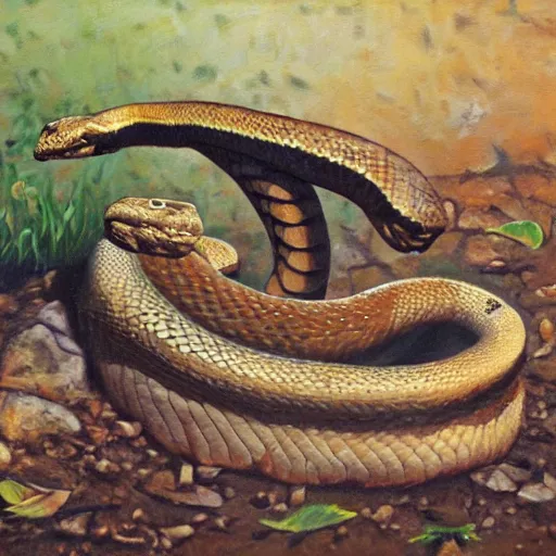 Image similar to a rattlesnake devours a world turned upside down, oil painting