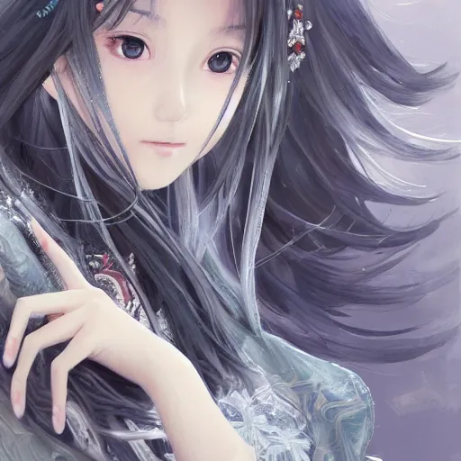 Image similar to dynamic composition, motion, ultra-detailed, incredibly detailed, a lot of details, amazing fine details and brush strokes, colorful and grayish palette, smooth, HD semirealistic anime CG concept art digital painting, watercolor oil painting of a young C-Pop idol girl, by a Chinese artist at ArtStation, by Huang Guangjian, Fenghua Zhong, Ruan Jia, Xin Jin and Wei Chang. Realistic artwork of a Chinese videogame, gradients, gentle an harmonic grayish colors.