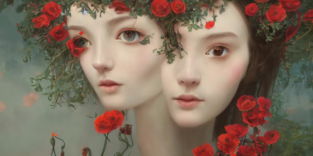 Image similar to breathtaking detailed concept art painting of the goddess of poppy flower, orthodox saint, with anxious, piercing eyes, ornate background, amalgamation of leaves and flowers, by hsiao - ron cheng, extremely moody lighting, 8 k