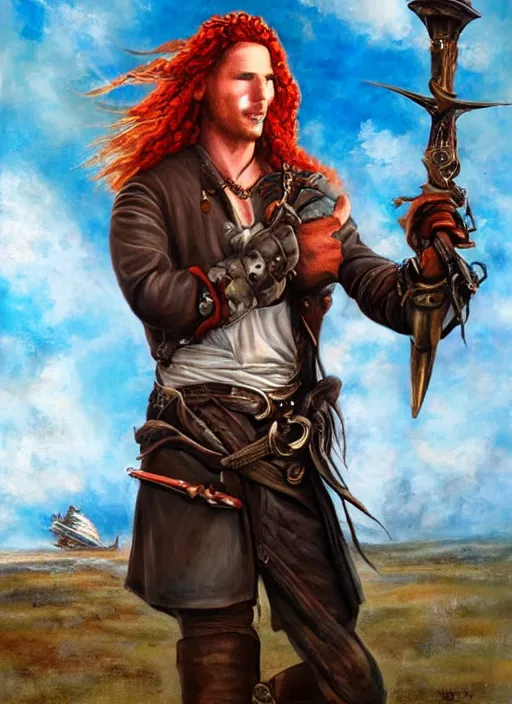 Image similar to epic fantasy portrait painting of a long haired, red headed male sky - pirate in front of an airship in the style of the matrix