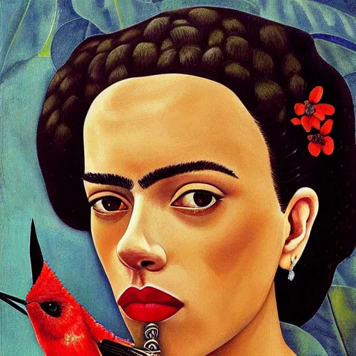 Image similar to painting Self-Portrait of scarlett johansson with Thorn Necklace and Hummingbird, by Frida Kahlo