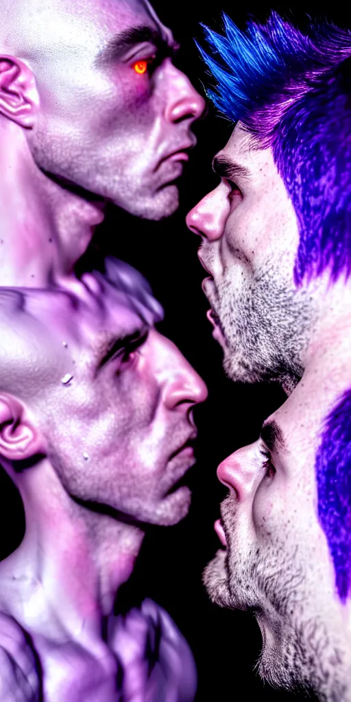 Image similar to hyperrealistic close-up of cyborg albino man kissing another man with purple hair and pearlescent blue skin james paick machiej kuciara very dramatic neon lighting on one side wide angle 35mm shallow depth of field
