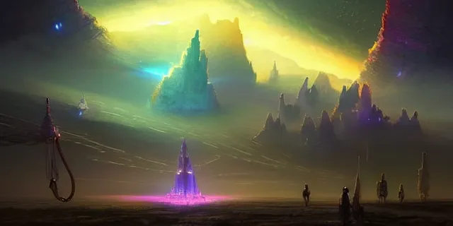 Image similar to a fleet of giant glowing futuristic cubes tied to each other with chains in the sky, a fantasy magical landscape seen in the distance, atmospheric lighting, intricate, volumetric lighting, beautiful, sharp focus, ultra detailed, in the art style of marc simonetti, bowater charlie and brom gerald, astrophotography