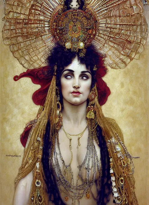 Prompt: hyper realistic painting of gypsy bellydancer with ornate headdress, gold ornaments, flowing fabric, intrincate detail, detailed faces by wayne barlowe, gustav moreau, goward, gaston bussiere and roberto ferri, santiago caruso, and austin osman spare, ( ( ( ( occult art ) ) ) ) bouguereau, alphonse mucha, saturno butto