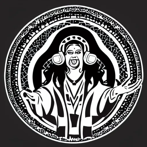 Prompt: svg vector sticker of absolutely divine-deity-God, rocking out, wearing headphones, huge speakers, dancing, rave, DJ, spinning records, digital art, amazing composition, rule-of-thirds, award-winning, trending on artstation, featured on deviantart