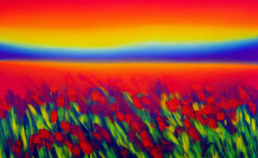Prompt: abstract painting of a flower field at sunset, in the style of john armleder