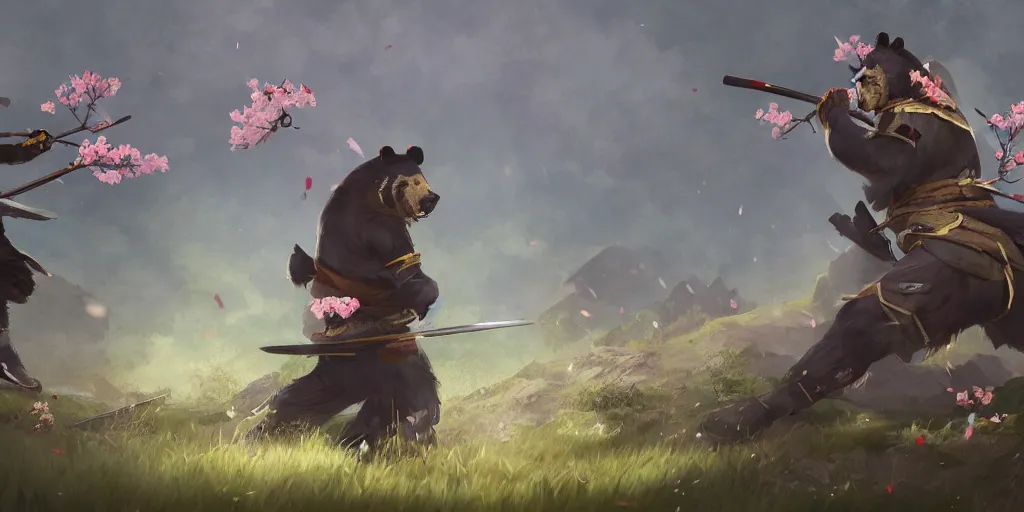 Image similar to an environmental concept art of anthropomorphic asian black bear samurai, samurai duel, sakura petals blowing in the wind, highly detailed, environmental light, cinematic by francis tneh