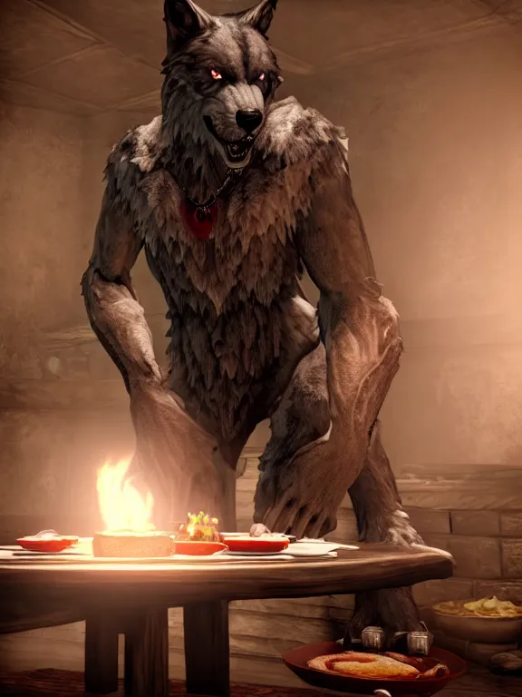 Image similar to cute handsome cuddly burly surly relaxed calm timid werewolf from van helsing sitting down at the breakfast table in the kitchen of a normal suburban home cooking having fun baking strawberry tart cakes unreal engine hyperreallistic render 8k character concept art masterpiece screenshot from the video game the Elder Scrolls V: Skyrim