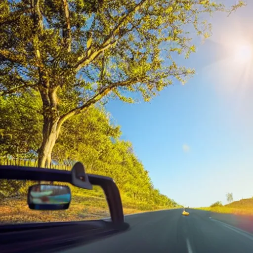 Image similar to convertible with cat driving on road, clear sky, golden hour, unobstructed road