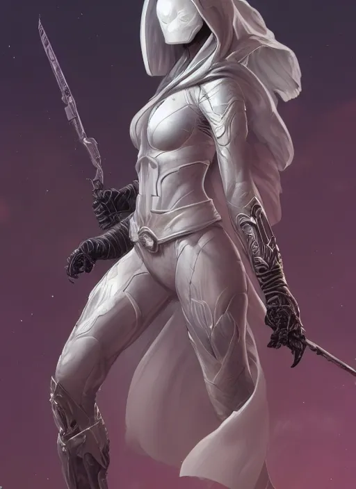 Image similar to female moon knight, hyper detailed, digital art, trending in artstation, cinematic lighting, studio quality, smooth render, unreal engine 5 rendered, octane rendered, art style by klimt and nixeu and ian sprigger and wlop and krenz cushart