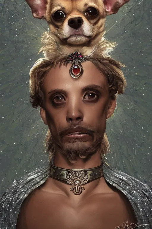 Image similar to God had dog Chihuahua's head, a radiant halo and crown, detailed face, gorgeous, very muscular male body, partial anatomy, stormy background, delicate and intricate borders for decoration, caesar victorious, proud Emperor, character close-up, intricate, highly detailed, 8K, digital painting, fantasy, concept art, sharp focus, art by alphonse mucha