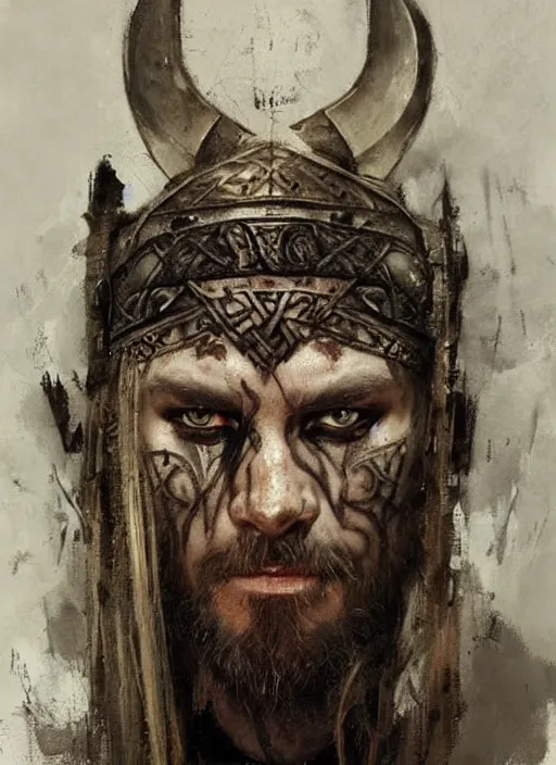 Image similar to portrait painting of viking berserker with celtic face tattoos by jeremy mann, only one head single portrait