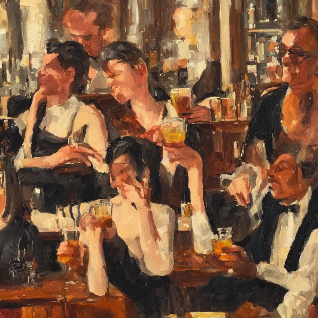 Prompt: a man and a woman sitting in front of each other in a vintage bar, the woman is drinking a cocktail and the man is drinking a beer, jazz ambience, wide shot, oil painting