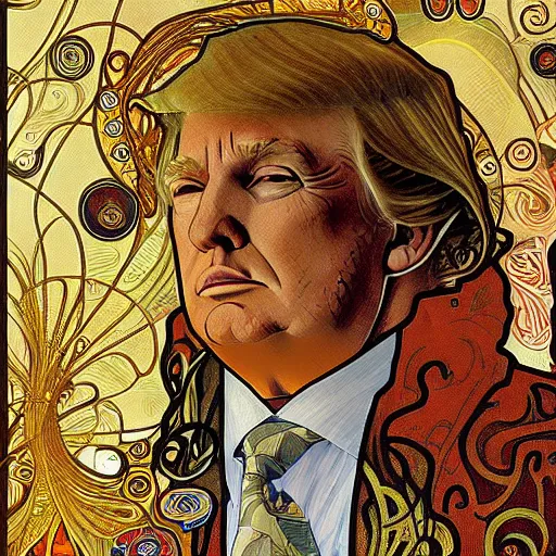 Image similar to detailed art of Donald Trump , by Alphonse Mucha and Gustav Klimt