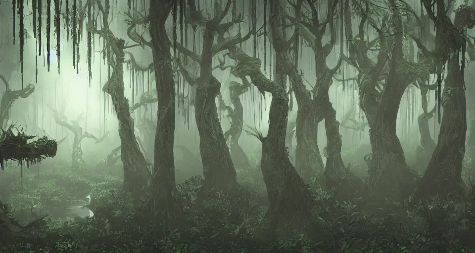 Image similar to A dense and dark enchanted forest with a swamp, by Khara Inc