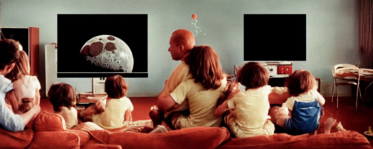 Image similar to a family eating spaghetti watching a tv showing the moon landing, in the style of diane arbus, canon 5 0 mm, wes anderson film, kodachrome, retro