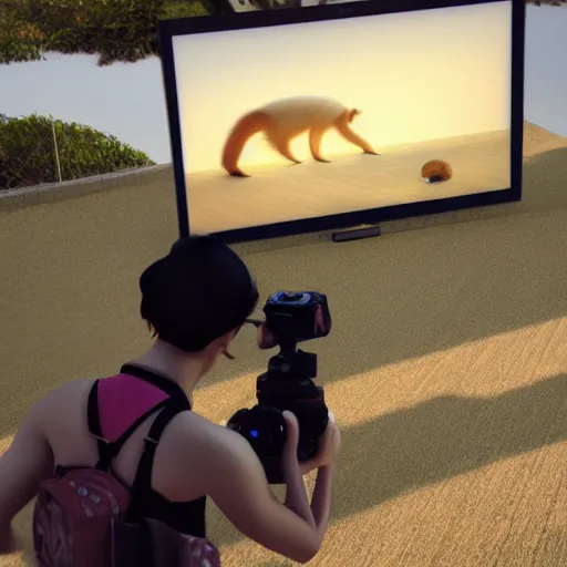 Image similar to anime girl with a camera filming a breakdancing capybara, vray