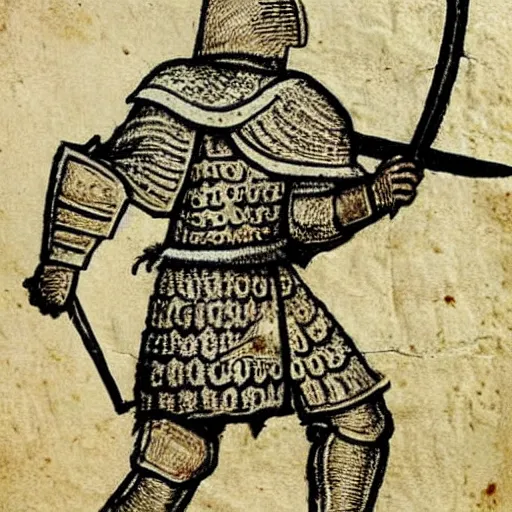 Image similar to medieval drawing of a Knight in battle with AK-47